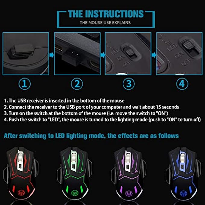 rayihni WIRELESS GAMING MOUSE, C8 SILENT CLICK WIRELESS RECHARGEABLE MOUSE WITH COLOURFUL LED LIGHTS AND 2400/1600/1000 DPI 400MAH LITHIUM BATTERY FOR LAPTOP AND COMPUTER (C29 BLACK) - Image 3