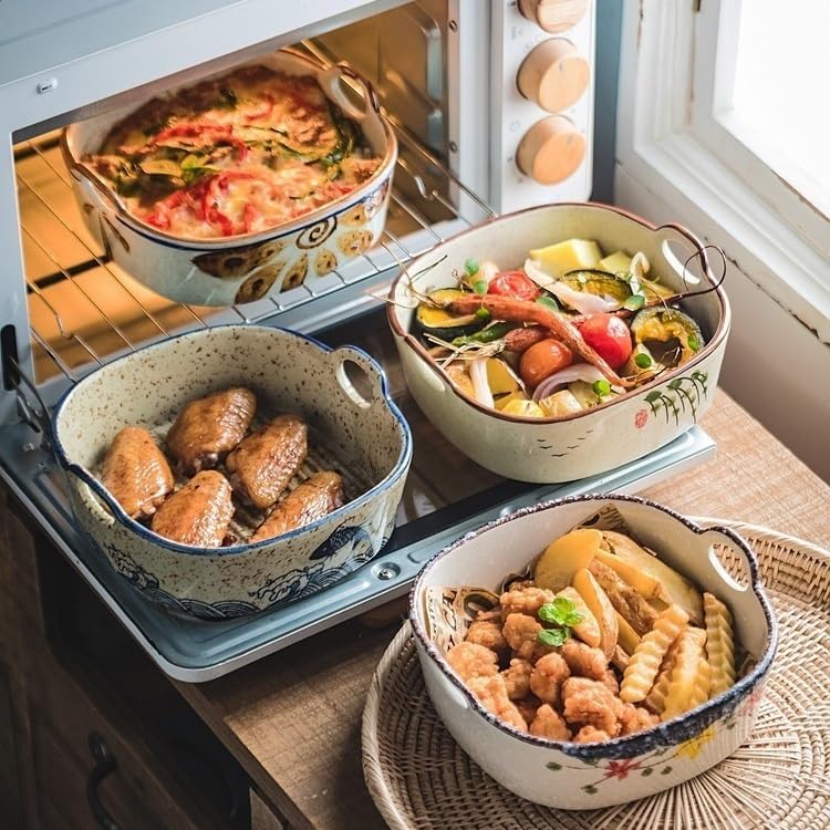 Baking Dish Oven Baked Rice Tray Ceramic Tableware Double Ear Baking Bowl, Household Fried Fruit Salad Bowl,590ML Oven Dish - Image 3