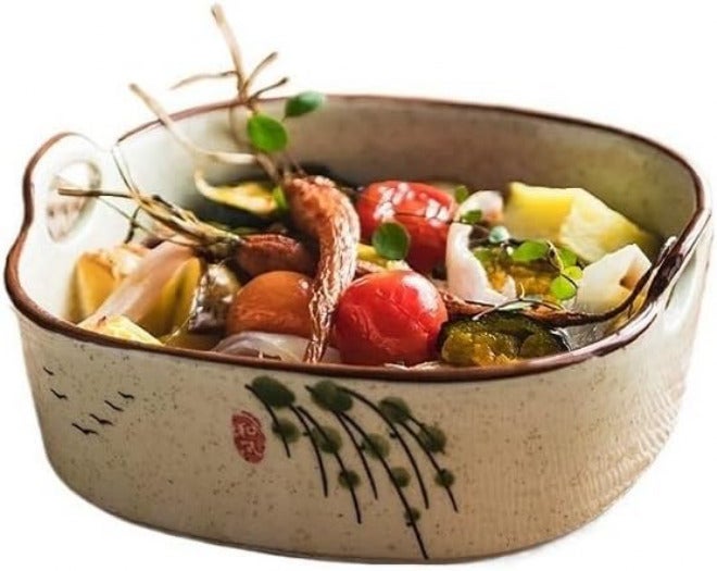 Baking Dish Oven Baked Rice Tray Ceramic Tableware Double Ear Baking Bowl, Household Fried Fruit Salad Bowl,590ML Oven Dish - Image 1