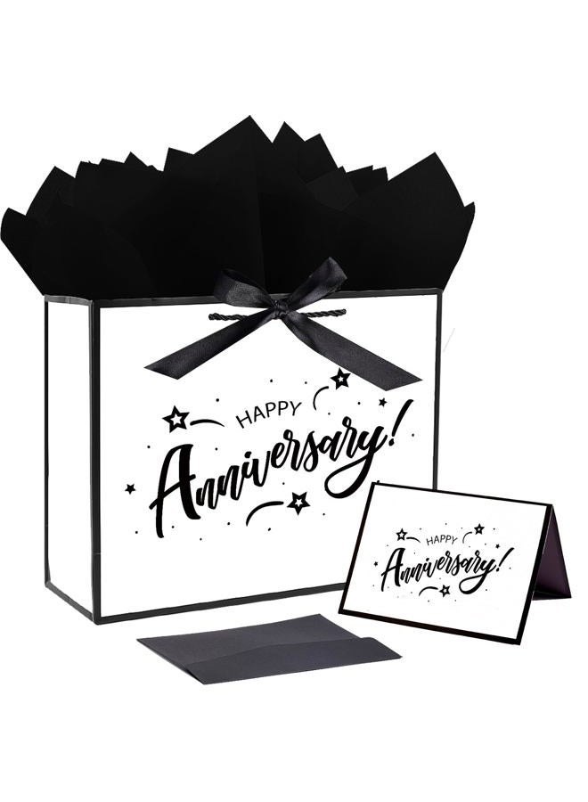 JWSCYSY 12.6" Large White and Metallic Black Happy Anniversary Paper Bag - Image 1