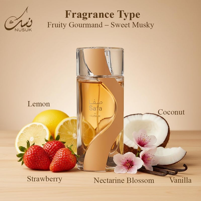 Nusuk Safa Unisex Eau De Parfum 100ml | Juicy Lemon & Strawberry Top Notes | Creamy Coconut & Nectar Floral Heart | Warm Vanilla, Musk & Ambrox Base | Sweet, Playful, Long-Lasting Fragrance - Image 3