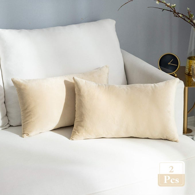 PACK OF 2 SUPER SOFT THROW PILLOW COVERS RECTANGLE SOLID VELVET PILLOWCASE FOR BED COUCH SOFA BENCH 12 X 20 INCH 30 X 50 CM BEIGE