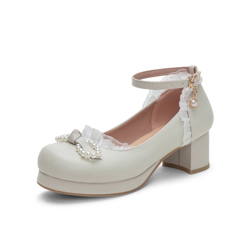 Sweet Soft Sister Shallow Mouth 2025 Lolita Student 28-43 Big Child Princess Lo Shoes Bow Pearl Shoes - Image 1