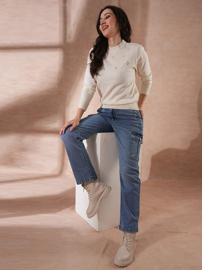 globus Women Round Neck Pullover Sweater With Embellished Detail