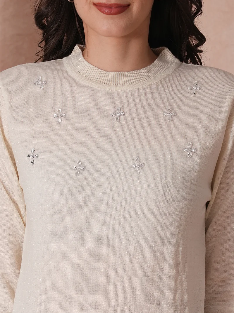 globus Women Round Neck Pullover Sweater With Embellished Detail