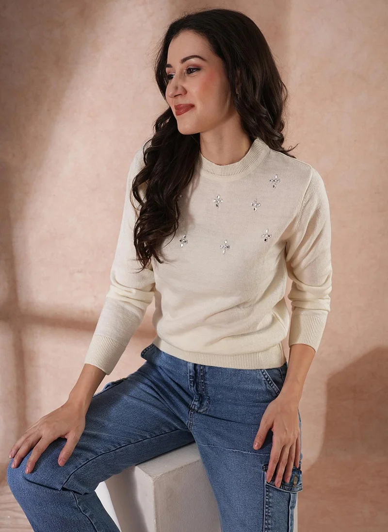 Globus Women Round Neck Pullover Sweater With Embellished Detail