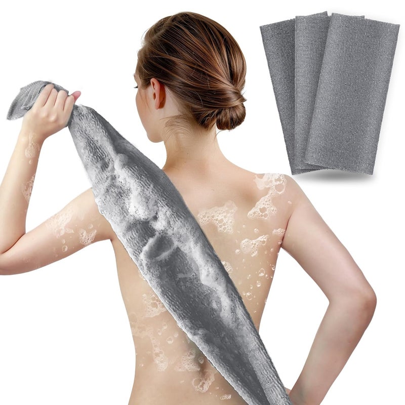 ARCH&M Exfoliating Washcloth Body Scrubber - 3 Pack Japanese Korean Spa Style Bath Towel for Dead Skin Removal, Extra Long 35” Back Scrubber with Premium Nylon Mesh for Smooth Glowing Skin (Gray x 3) - Image 1