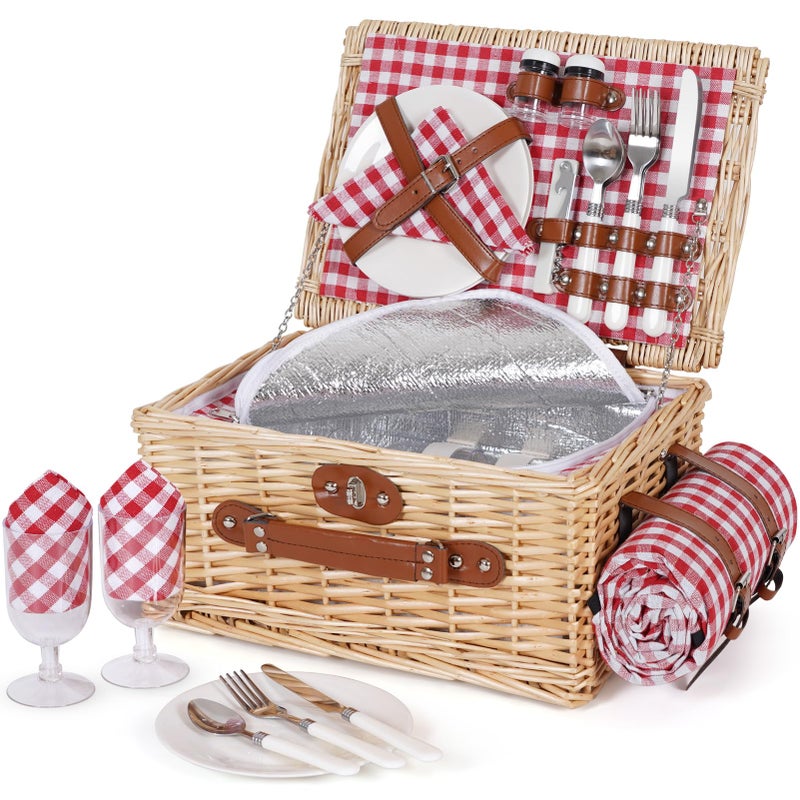 HappyPicnic طقم سلة نزهة HappyPicnic لشخصين - سلة نزهة من الخوص مع بطانية مقاومة للماء وبطانة معزولة، سلة كبيرة مصنوعة يدويًا من الصفصاف مع مجموعة أدوات مائدة للنزهات، التخييم، الحفلات، العطلات (أحمر) - Image 1