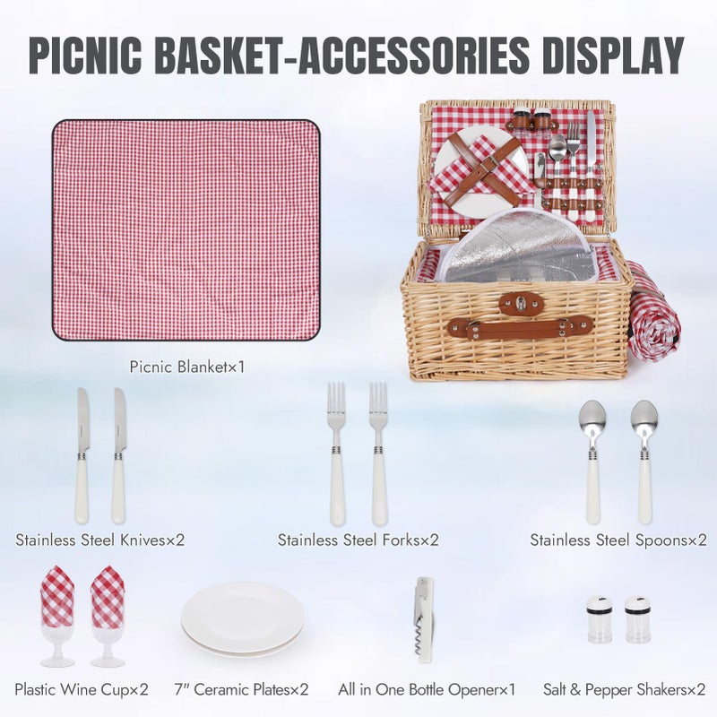 HappyPicnic طقم سلة نزهة HappyPicnic لشخصين - سلة نزهة من الخوص مع بطانية مقاومة للماء وبطانة معزولة، سلة كبيرة مصنوعة يدويًا من الصفصاف مع مجموعة أدوات مائدة للنزهات، التخييم، الحفلات، العطلات (أحمر) - Image 3