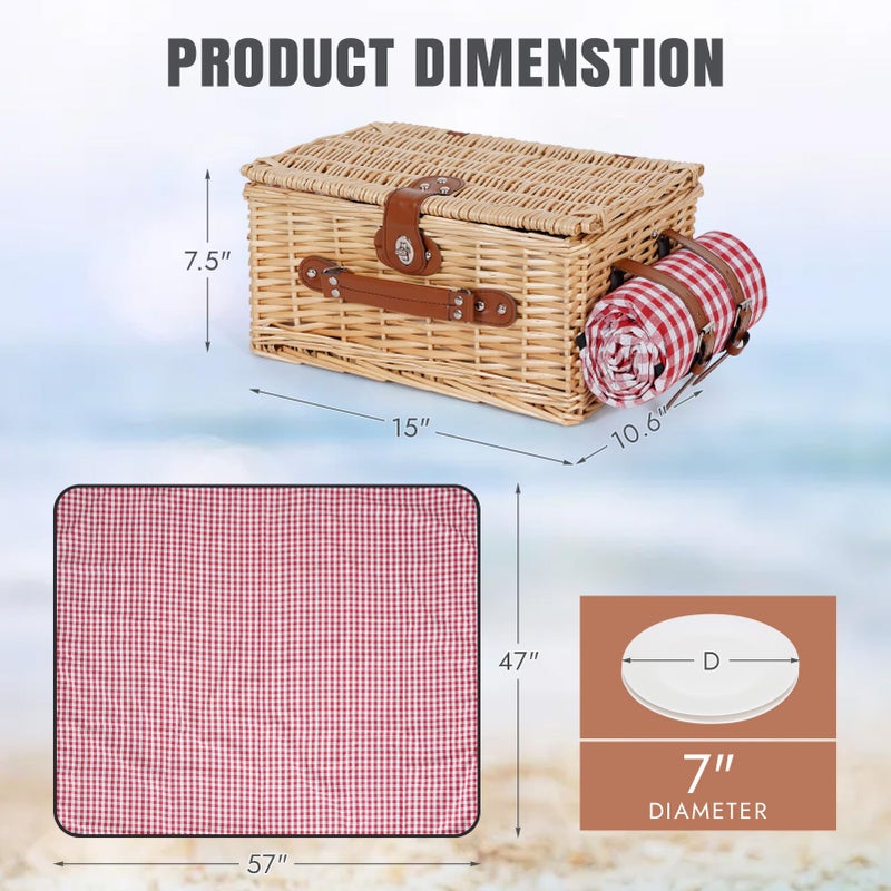 HappyPicnic طقم سلة نزهة HappyPicnic لشخصين - سلة نزهة من الخوص مع بطانية مقاومة للماء وبطانة معزولة، سلة كبيرة مصنوعة يدويًا من الصفصاف مع مجموعة أدوات مائدة للنزهات، التخييم، الحفلات، العطلات (أحمر) - Image 2