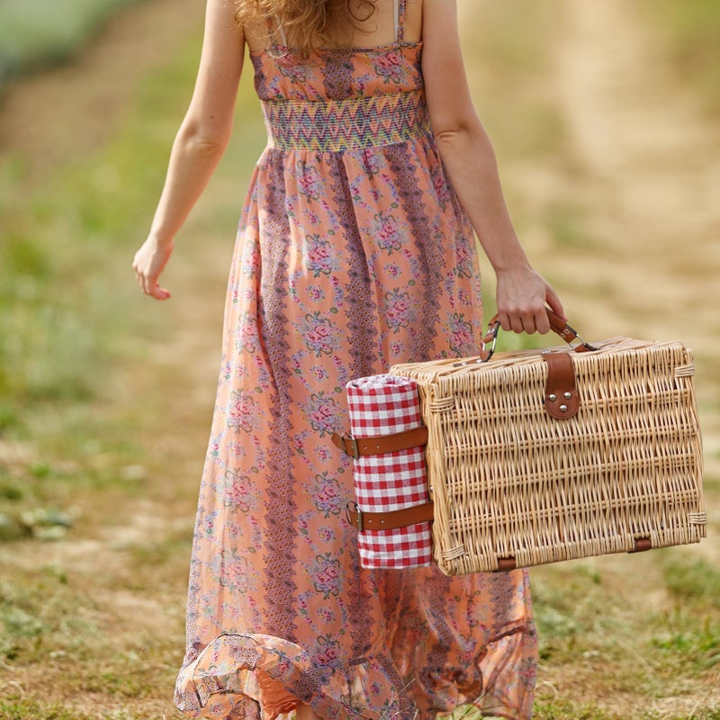 HappyPicnic طقم سلة نزهة HappyPicnic لشخصين - سلة نزهة من الخوص مع بطانية مقاومة للماء وبطانة معزولة، سلة كبيرة مصنوعة يدويًا من الصفصاف مع مجموعة أدوات مائدة للنزهات، التخييم، الحفلات، العطلات (أحمر) - Image 5
