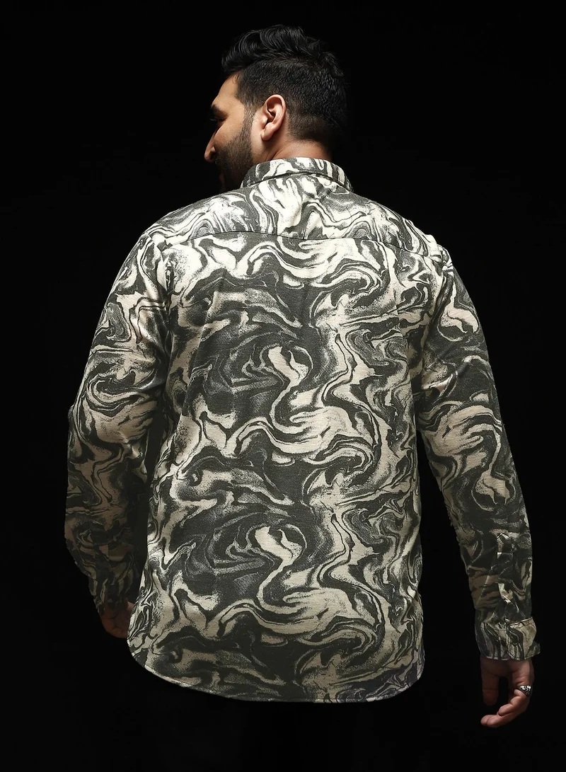 Instafab Plus Instafab Plus Men's Cloud Grey Fluid-Marble Textured Shirt | Spread Collar , Long Cuffed Sleeves , Button Closure , Curved Hemline | Abstract-Print Textured Polyester Blend For Street & Casual Wear