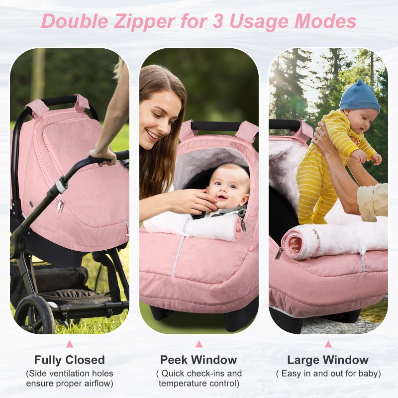 Gripooaven Winter Car Seat Cover for Baby Girl, Waterproof Infant Carseat Cover with Warm Plush Lining & Dual Zippers, Universal Carseat Cover Baby Winter Protector with Ventilation and Windproof Design (Pink) - Image 3