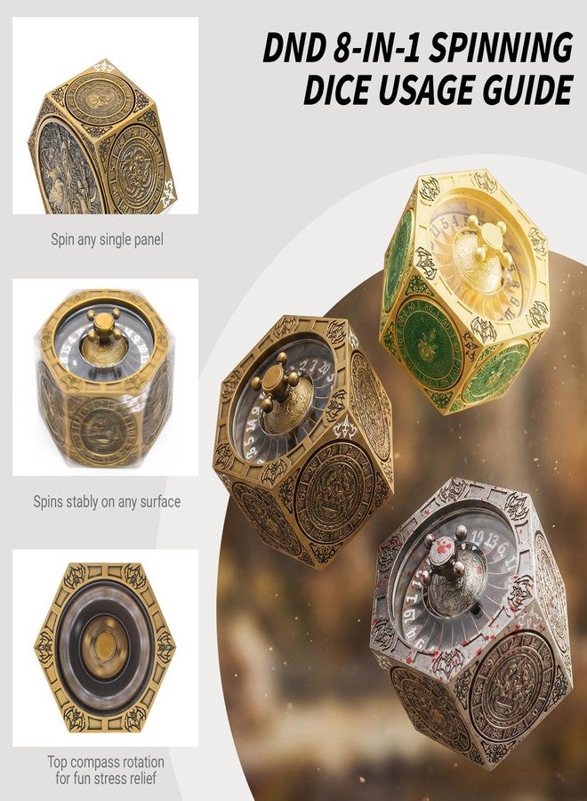 KDSPAROS DND Spinning Dice Set, 8-in-1 Hexagonal Metal Dice with D20 Spinner, Unique Fantasy RPG Game Dice with Rotating Top, Perfect for Dungeons & Dragons, D&D DM Gift (Antique Bronze) - Image 5