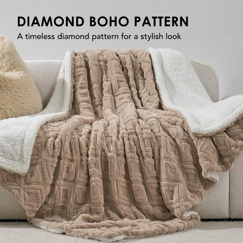 EVERGRACE Jacquard Boho Sherpa Fleece Throw Blanket for Couch  Super Soft Cozy Fuzzy Plush Blankets for Winter  Reversible Thick Warm Blanket for Bed  Sofa  Living Room  Khaki Tan  50"" x 60"" - Image 2