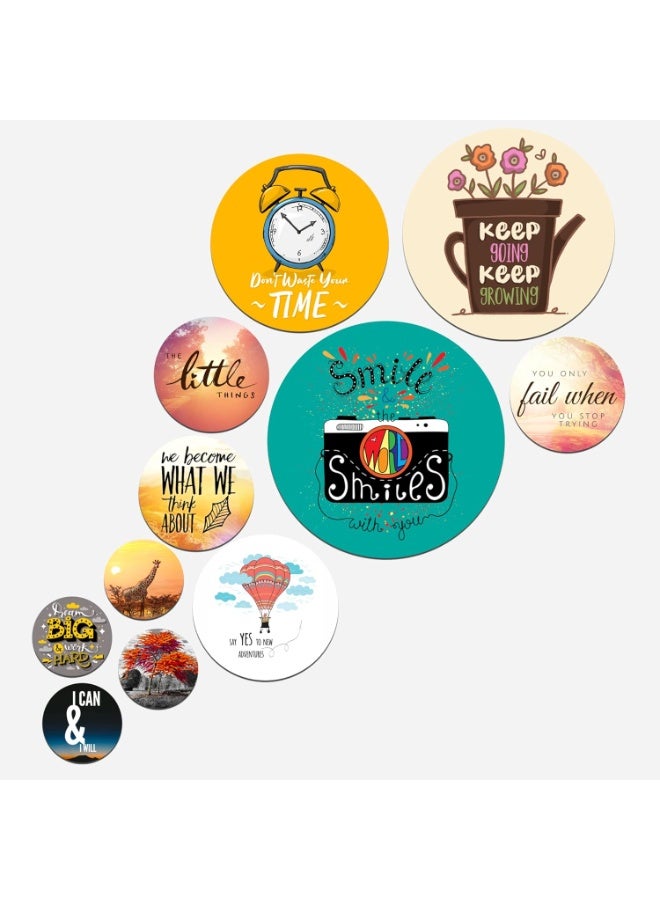 آرتفيب مجموعة ديكور حائط خشبية دائرية من خشب MDF تحمل عبارات تحفيزية من Artvibes: "احلم كبيرًا واعمل بجد" | ديكور حائط تحفيزي | لمسة جمالية للجدران | فن جرافيكي | هدايا | ديكور حائط للمكاتب (WPS_114N)، مجموعة من 11 قطعة - Image 1