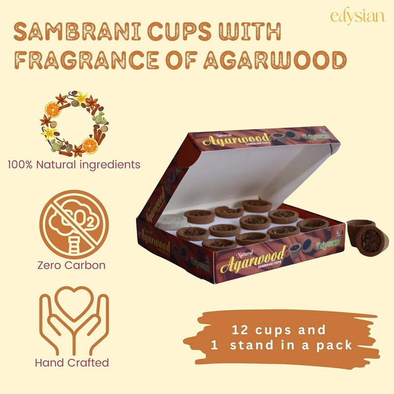 Edysian Agarwood Sambrani Dhoop Cups Cow Dung and Agarwood Dhoop12 Cups Each with 1 Burner Plate Guggul Dhoop Pack of 3 36 Cups - Image 2