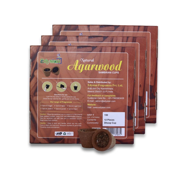 Edysian Agarwood Sambrani Dhoop Cups Cow Dung and Agarwood Dhoop12 Cups Each with 1 Burner Plate Guggul Dhoop Pack of 3 36 Cups - Image 4
