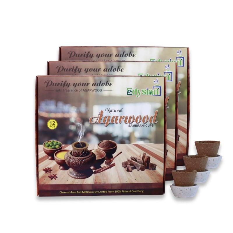 Edysian Agarwood Sambrani Dhoop Cups Cow Dung and Agarwood Dhoop12 Cups Each with 1 Burner Plate Guggul Dhoop Pack of 3 36 Cups - Image 1