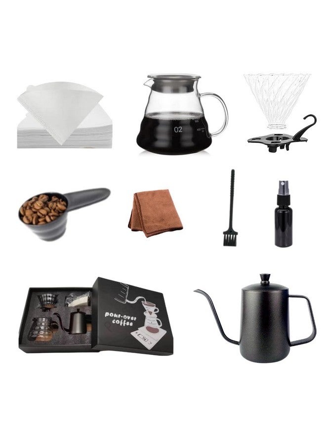 DOPPIO 9 Pcs Pour Over Coffee Maker Dripper Set, 600ml Glass Coffee Server Pot Size 02, V60 Glass Coffee Dripper with Wood Stand Dripper for Home Office Carafe Gift-Grey (Premium Kit) | Traveling Set - Image 1