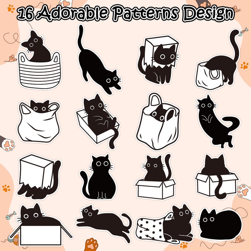 A1Diee Black White Cat Stickers - Cute Kawaii Cartoon Cat Waterproof Decals Decorations Diy Gifts For Scrapbooking Water Bottle Reward Birthday Party Favors Windows Luggage  1000Pcs 16 Patterns - Image 3