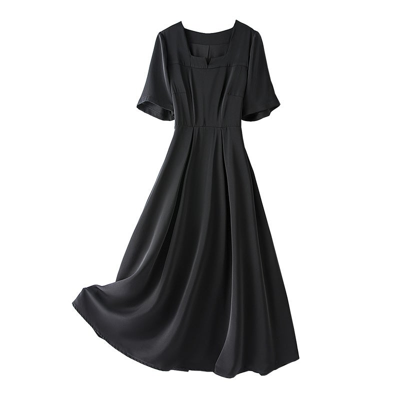 Spot Chubby Sister Elegant Black Dress Summer Large Size Short Sleeve A- Line Dress Slim-Fit Slimming Square Collar Long Dress 1439 - Image 1