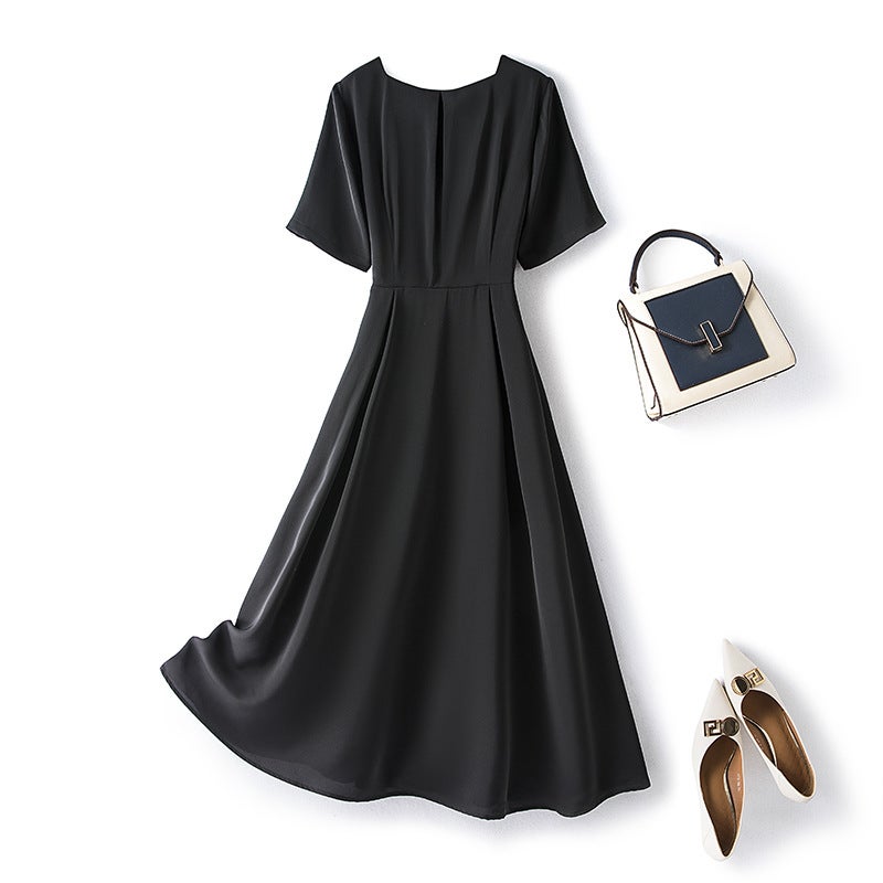 Spot Chubby Sister Elegant Black Dress Summer Large Size Short Sleeve A- Line Dress Slim-Fit Slimming Square Collar Long Dress 1439 - Image 5