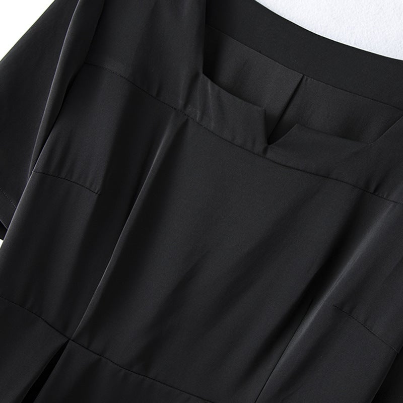 Spot Chubby Sister Elegant Black Dress Summer Large Size Short Sleeve A- Line Dress Slim-Fit Slimming Square Collar Long Dress 1439 - Image 3