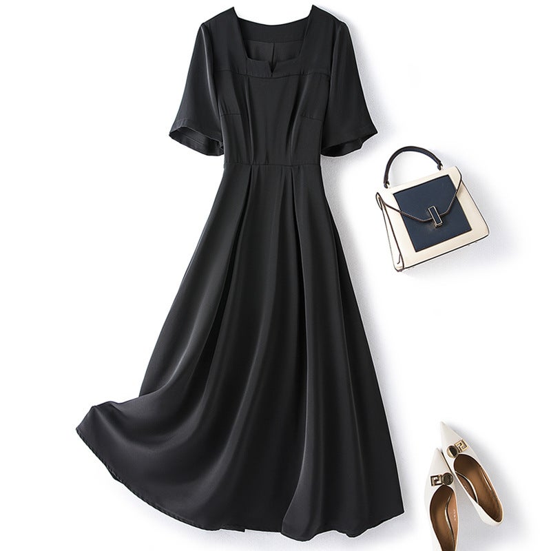 Spot Chubby Sister Elegant Black Dress Summer Large Size Short Sleeve A- Line Dress Slim-Fit Slimming Square Collar Long Dress 1439 - Image 2