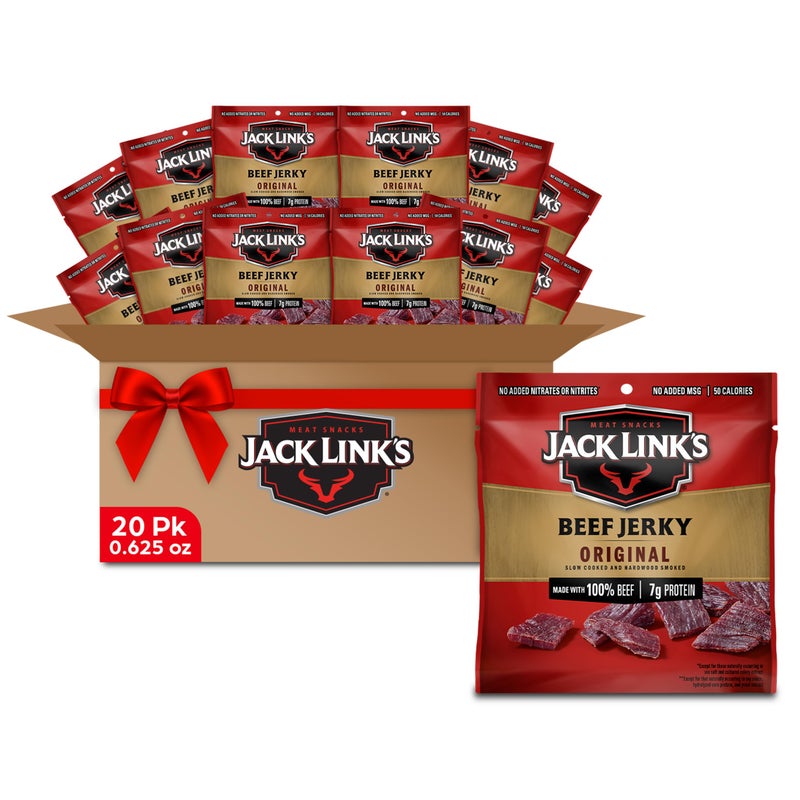 Jack Link's جاك لينك لحم البقر المجفف، الأصلي، عبوات متعددة - وجبات خفيفة لحم ونكهة غنية بالبروتين للغداء، هدايا رائعة، عبوات فردية - 7 جرام من البروتين، مصنوعة من 100% لحم بقر - 0.625 أونصة (عبوة من 20) - Image 1