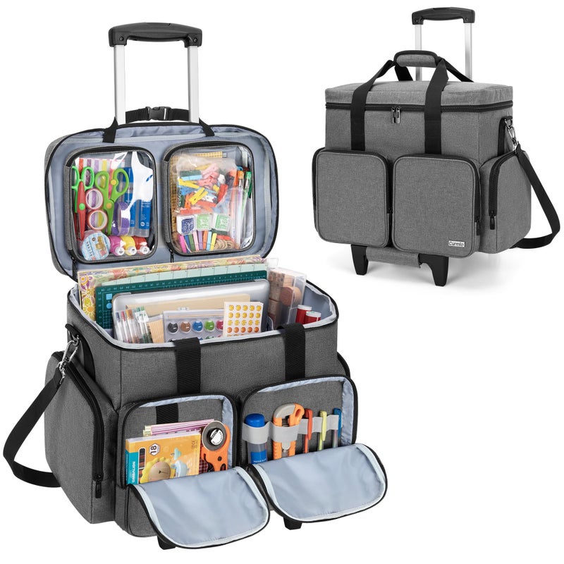 CURMIO CURMIO Rolling Scrapbook Tote with Padded Laptop Sleeve, Wheeled Scrapbook Supplies Storage Bag with Detachable Trolley and Bottom Wooden Board, Rolling Craft Bag for Scrapbooking Supplies, Grey - Image 1