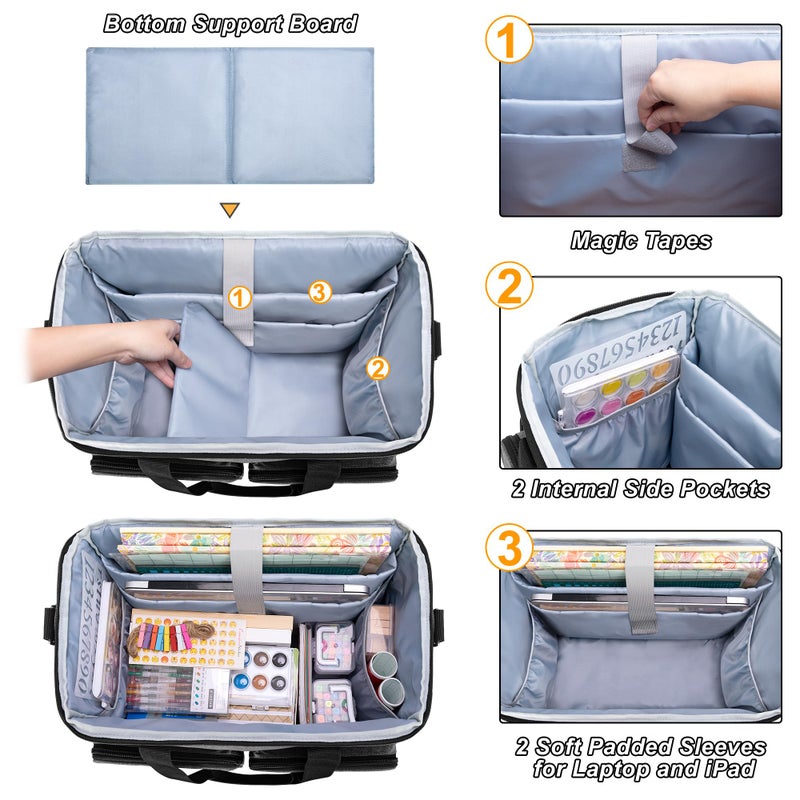 CURMIO CURMIO Rolling Scrapbook Tote with Padded Laptop Sleeve, Wheeled Scrapbook Supplies Storage Bag with Detachable Trolley and Bottom Wooden Board, Rolling Craft Bag for Scrapbooking Supplies, Grey - Image 2