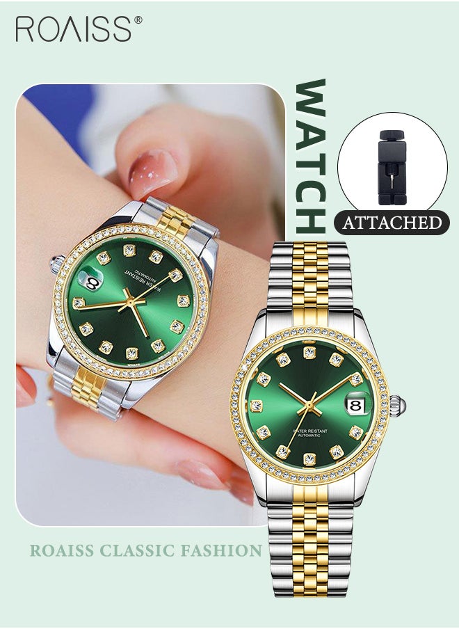 roaiss - Women's Steel Band Mechanical Watch, Analog Display Round Dial with Diamond Decoration, Waterproof Luxurious Wristwatch with Calendar as Gift for Women - Image 1