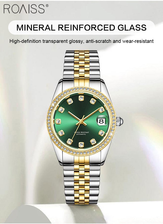 roaiss - Women's Steel Band Mechanical Watch, Analog Display Round Dial with Diamond Decoration, Waterproof Luxurious Wristwatch with Calendar as Gift for Women - Image 1