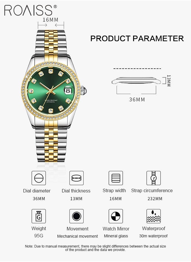 roaiss - Women's Steel Band Mechanical Watch, Analog Display Round Dial with Diamond Decoration, Waterproof Luxurious Wristwatch with Calendar as Gift for Women - Image 1