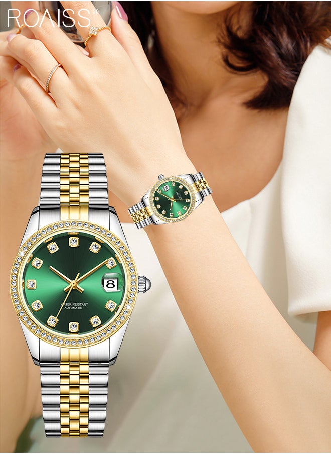 roaiss - Women's Steel Band Mechanical Watch, Analog Display Round Dial with Diamond Decoration, Waterproof Luxurious Wristwatch with Calendar as Gift for Women - Image 1