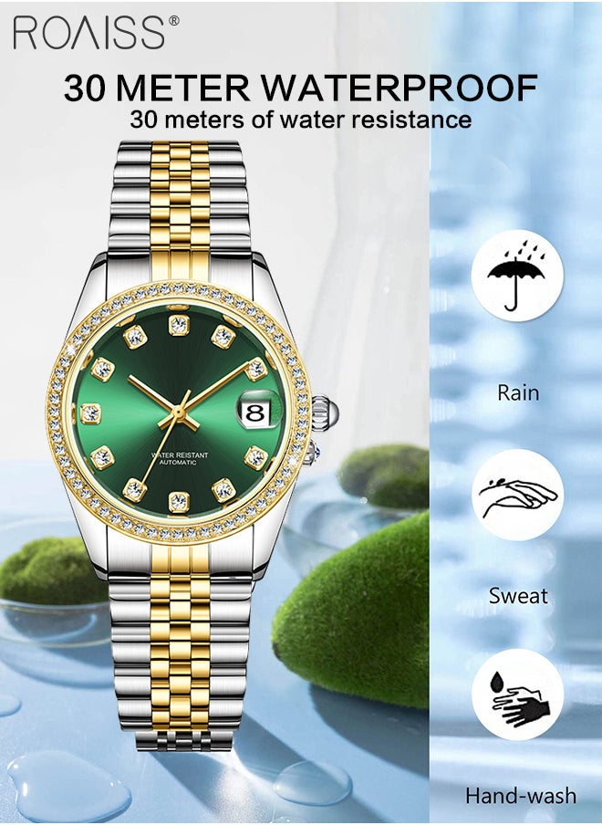 roaiss - Women's Steel Band Mechanical Watch, Analog Display Round Dial with Diamond Decoration, Waterproof Luxurious Wristwatch with Calendar as Gift for Women - Image 1