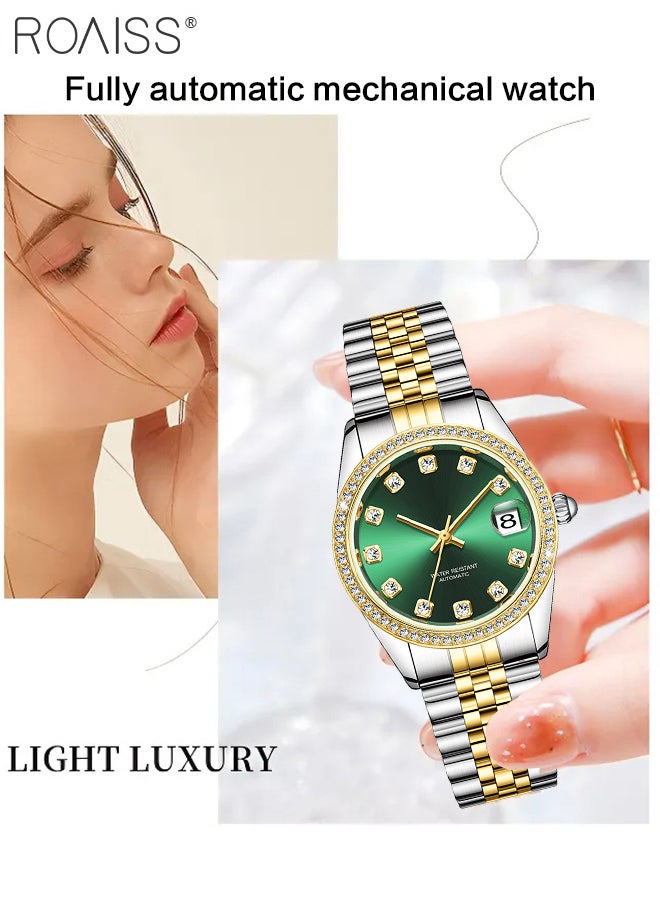 roaiss - Women's Steel Band Mechanical Watch, Analog Display Round Dial with Diamond Decoration, Waterproof Luxurious Wristwatch with Calendar as Gift for Women - Image 1
