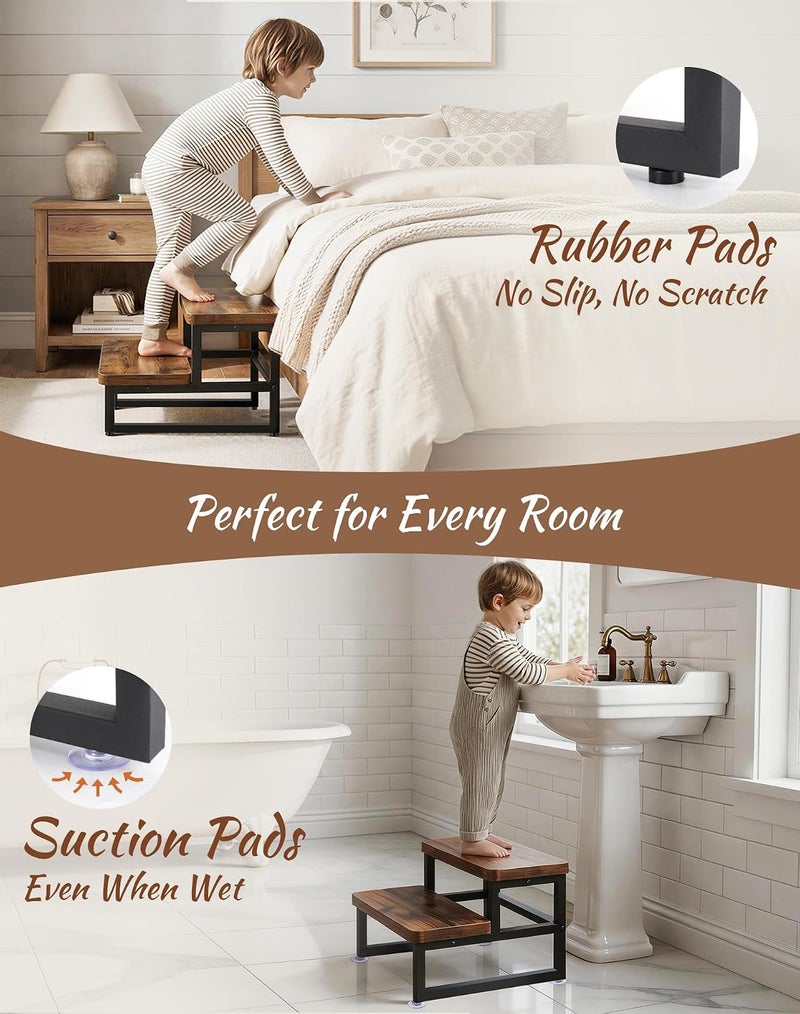 PARTPHONER Wooden 2-Step Stool for Adults & Kids, 480-LBS Heavy Duty with Non-Slip Rubber Feet & Suction Cup Pads, Step Stool for High Beds, Ideal for Bedroom, Living Room, Bathroom, Kitchen, Rustic Brown - Image 4