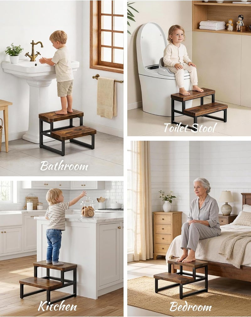 PARTPHONER Wooden 2-Step Stool for Adults & Kids, 480-LBS Heavy Duty with Non-Slip Rubber Feet & Suction Cup Pads, Step Stool for High Beds, Ideal for Bedroom, Living Room, Bathroom, Kitchen, Rustic Brown - Image 5