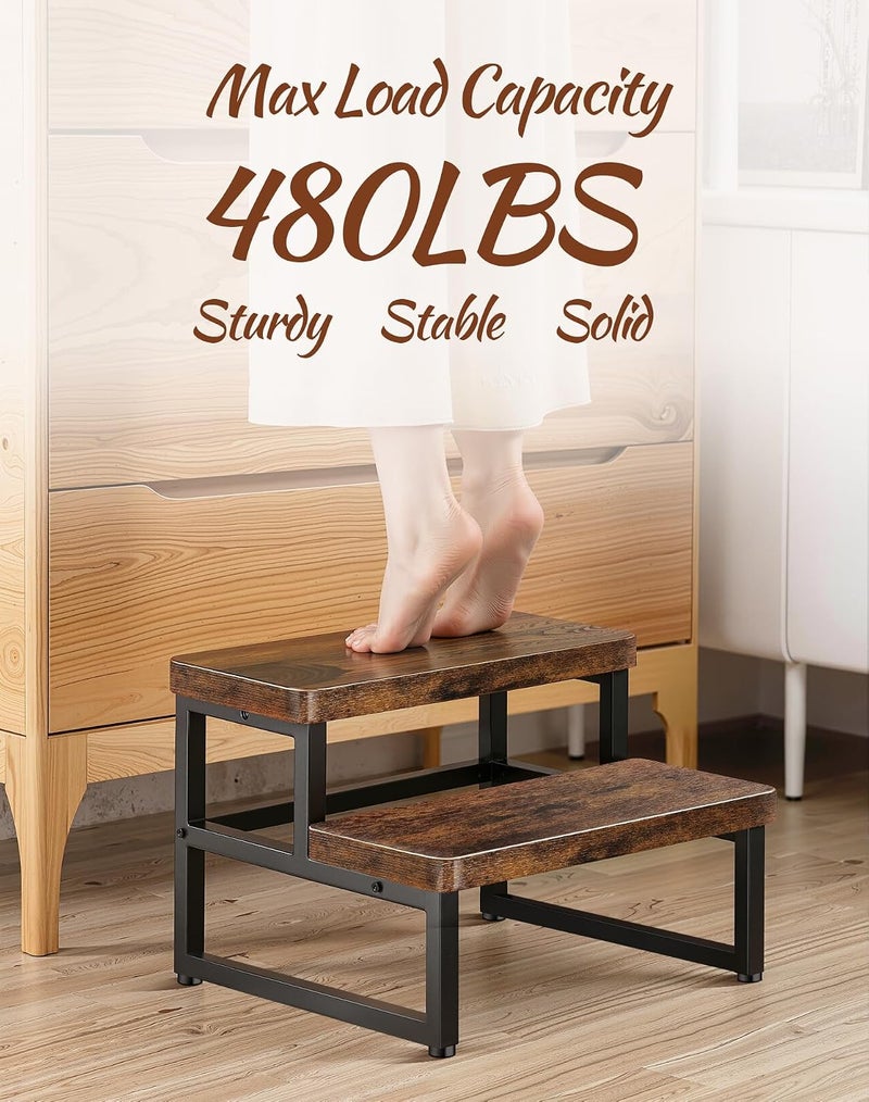 PARTPHONER Wooden 2-Step Stool for Adults & Kids, 480-LBS Heavy Duty with Non-Slip Rubber Feet & Suction Cup Pads, Step Stool for High Beds, Ideal for Bedroom, Living Room, Bathroom, Kitchen, Rustic Brown - Image 2