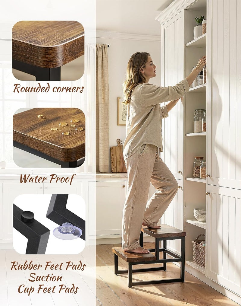 PARTPHONER Wooden 2-Step Stool for Adults & Kids, 480-LBS Heavy Duty with Non-Slip Rubber Feet & Suction Cup Pads, Step Stool for High Beds, Ideal for Bedroom, Living Room, Bathroom, Kitchen, Rustic Brown - Image 3
