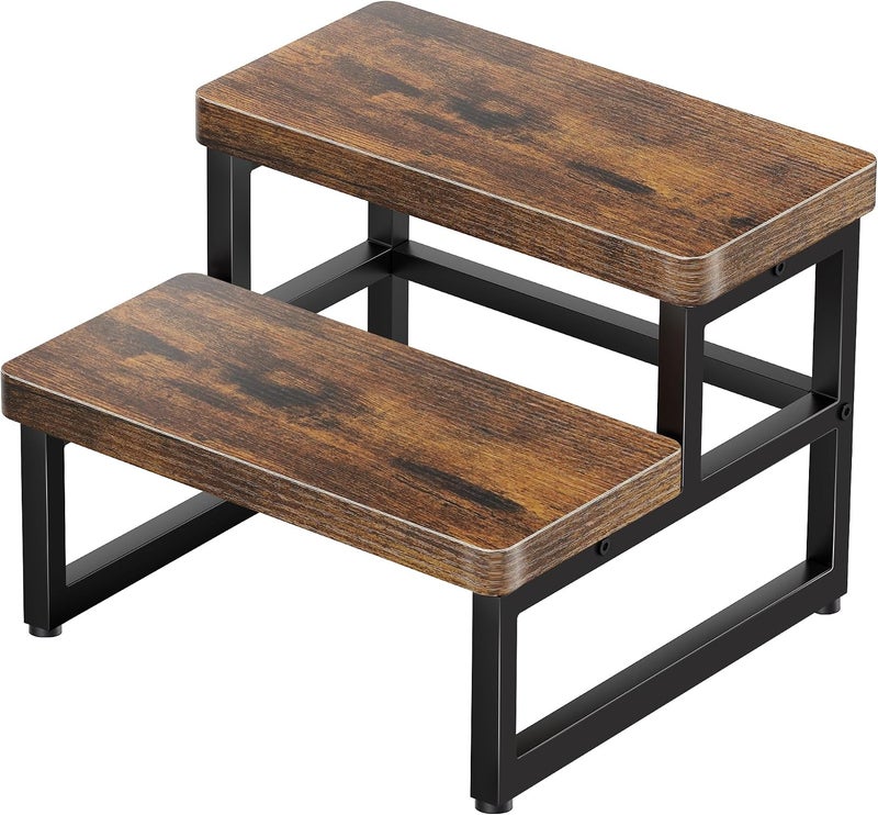 PARTPHONER Wooden 2-Step Stool for Adults & Kids, 480-LBS Heavy Duty with Non-Slip Rubber Feet & Suction Cup Pads, Step Stool for High Beds, Ideal for Bedroom, Living Room, Bathroom, Kitchen, Rustic Brown - Image 1