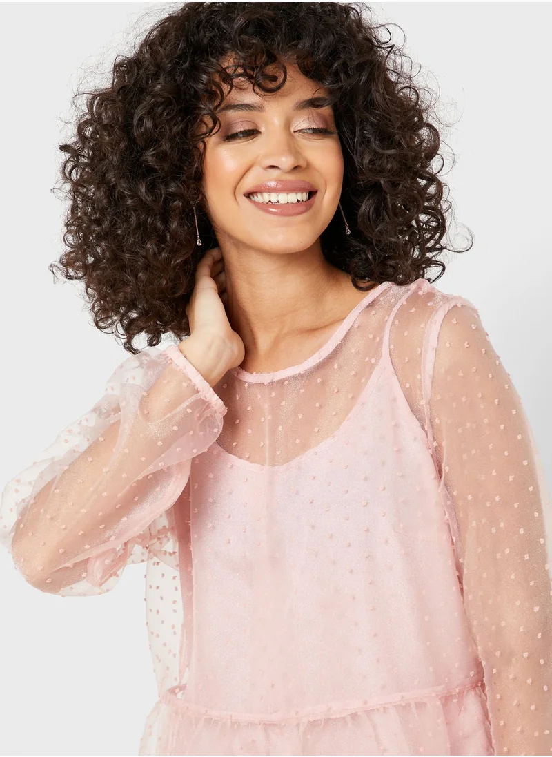 PIECES Ruffle Hem Sheer Spotted Dress