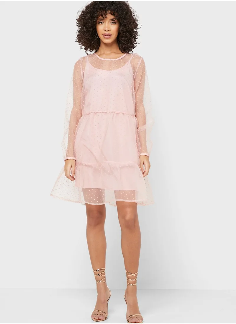 PIECES Ruffle Hem Sheer Spotted Dress