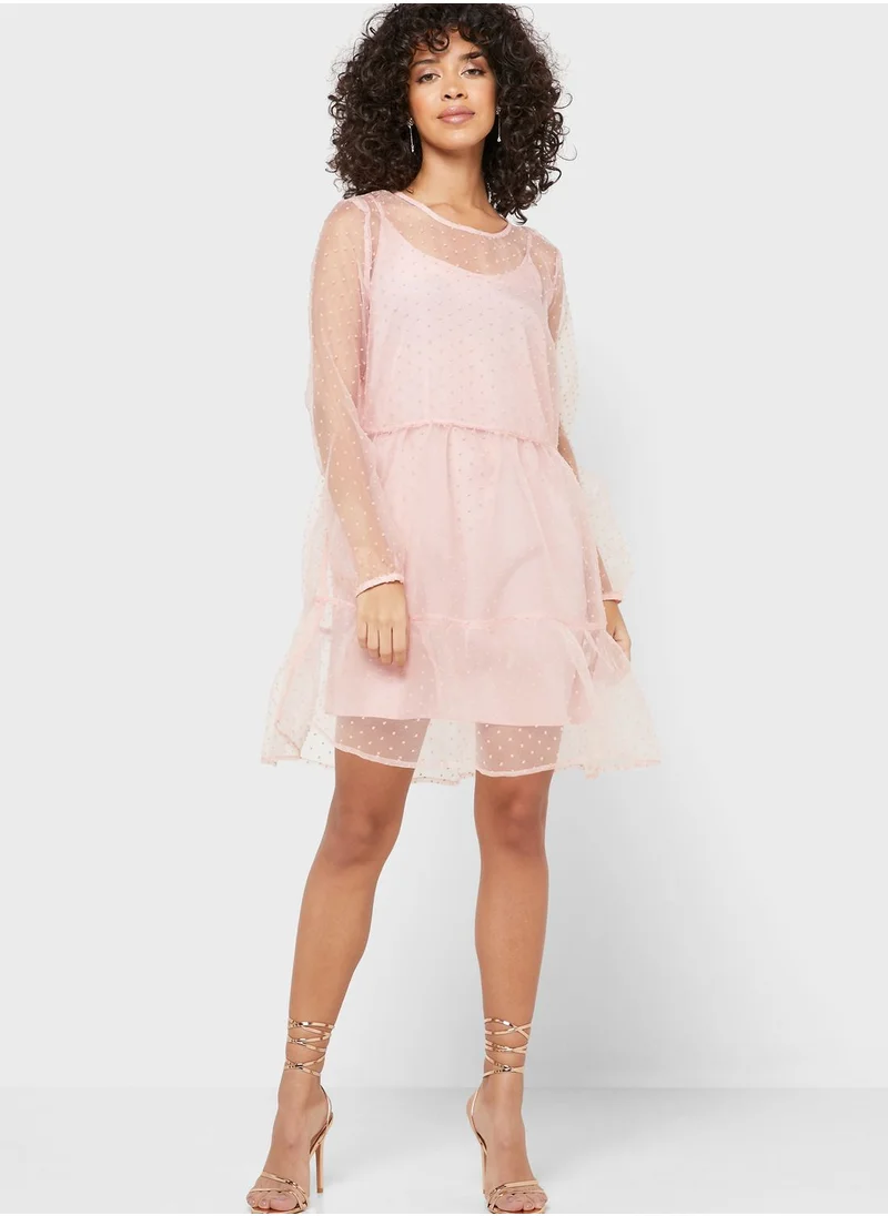 PIECES Ruffle Hem Sheer Spotted Dress