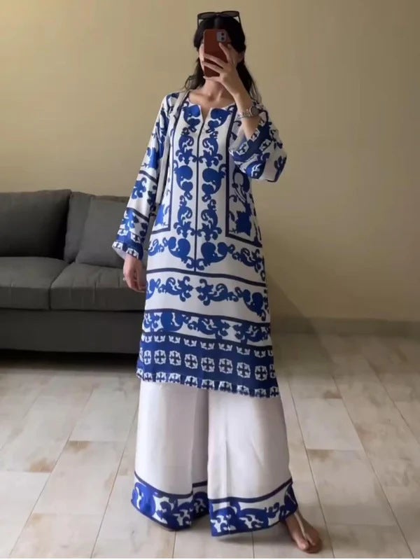 20252 independent station Amazon explosions foreign trade Europe and the United States womens new long sleeve casual jacket pants two-piece set Blue flower