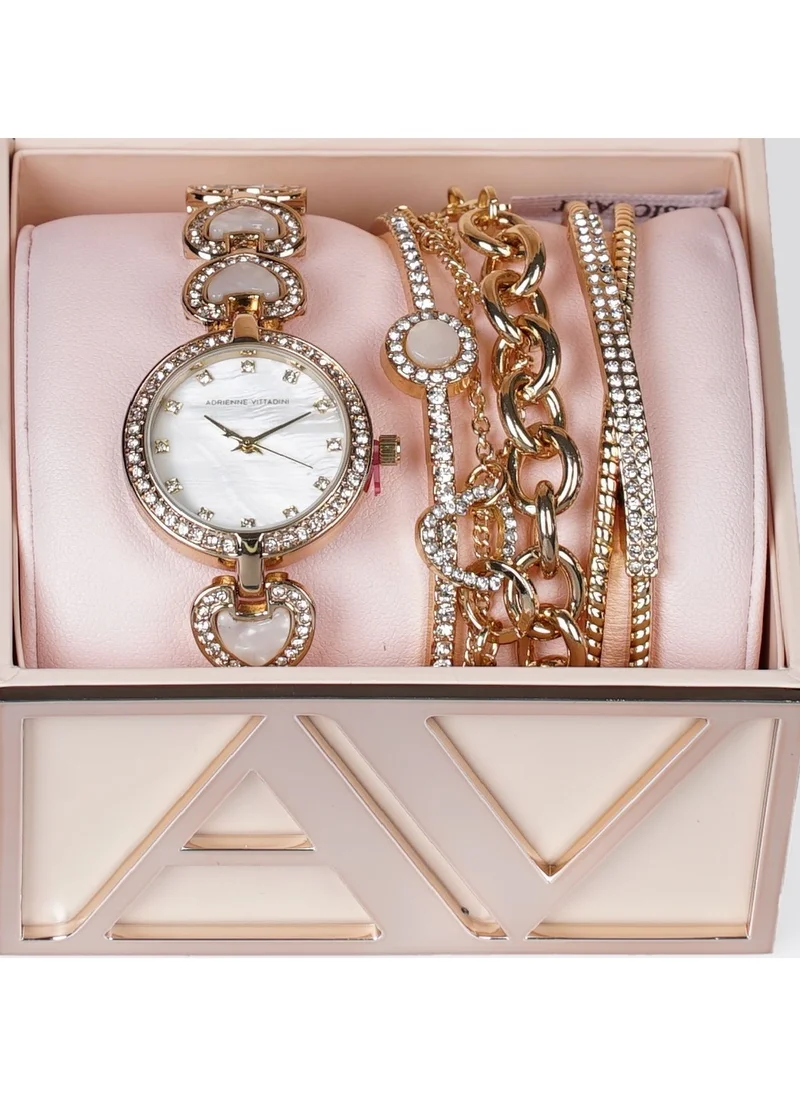 ADRIENNE VITTADINI Adrienne Vittadini Women's Stackable Watch Set MoP Dial Gold Stainless Steel Case with Heart-Shaped Links Bracelet 7898G-42-E27