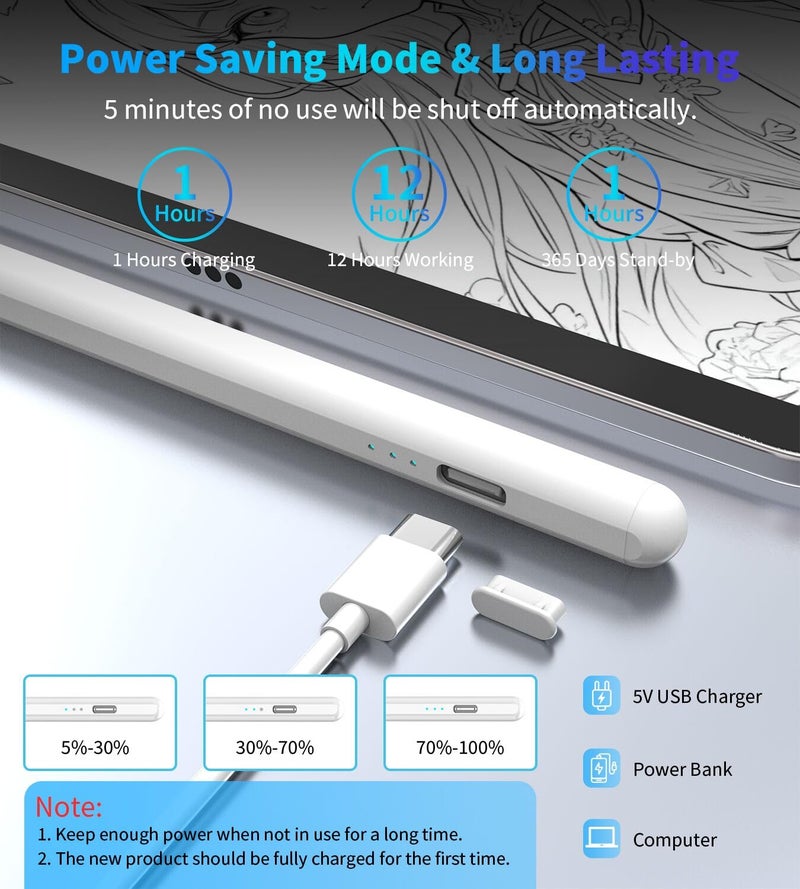 COO Stylus Pen for iPad 9th&10th Generation with Palm Rejection, 30Mins Fast Charging, Compatible with 2018-2023 Apple iPad Pro 11"/12.9", iPad Air 3/4/5, iPad mini 5/6th, iPad 6/7/8/9/10(White02) - Image 5