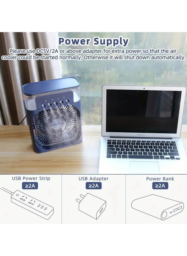 Portable Personal Mini Cooling Fan for Home with 3 Speed ​​Modes with Water Mist and 7 Color LED Light and Timer Mini USB Powered AC for Shop, Office, Kitchen, Blue